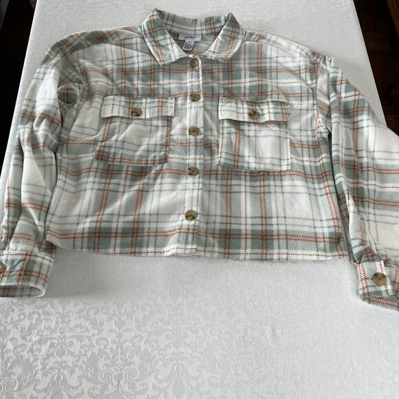 just polly Sweaters - Just Polly Fleece Shirt Women's Cropped XL Plaid Button Up Long Sleeve